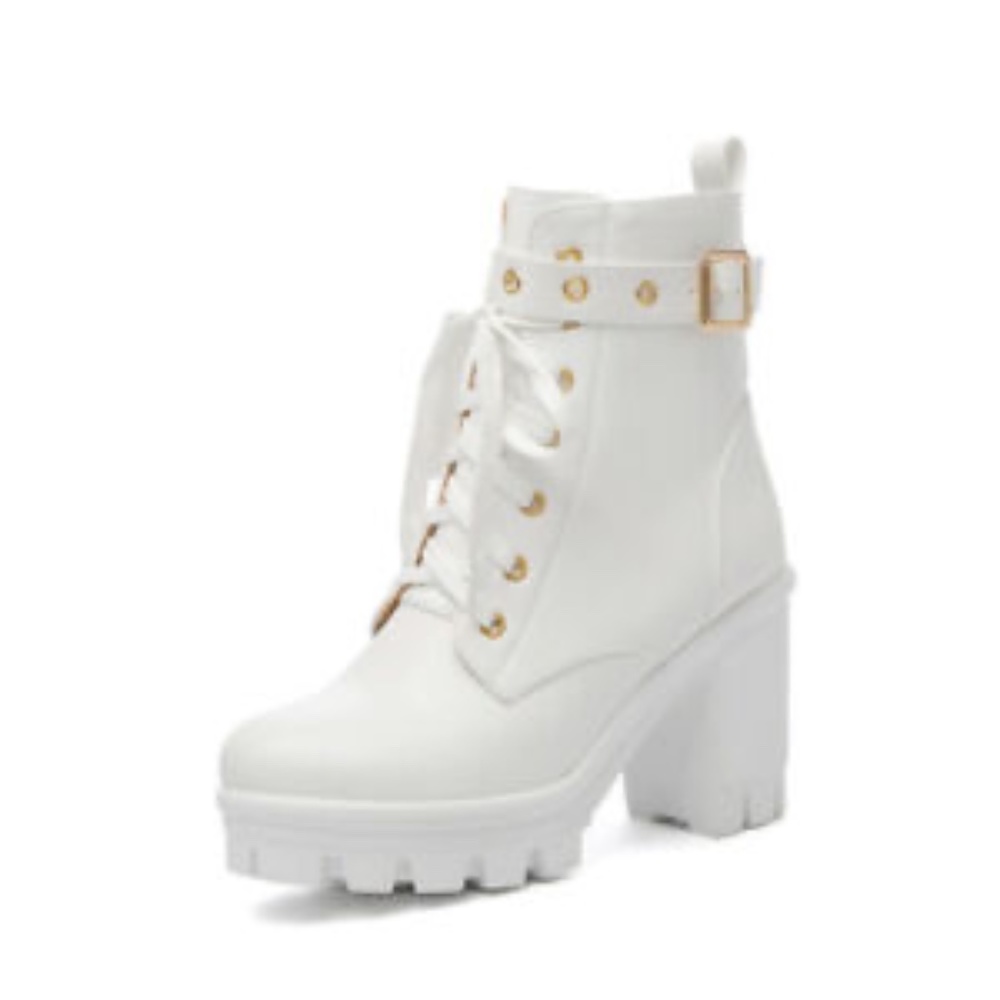 White platform heeled faux leather combat boots with gold details